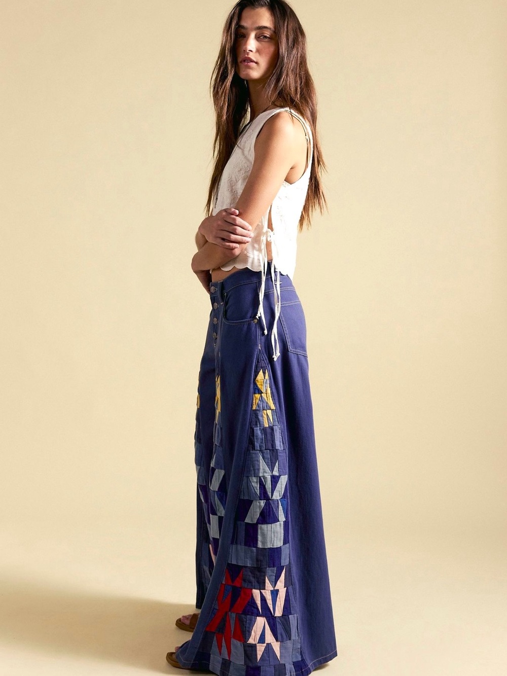 Free People We The Free Navy Wide-Leg Patchwork Embroidered Pants NWT SZ 29 - Picture 2 of 16